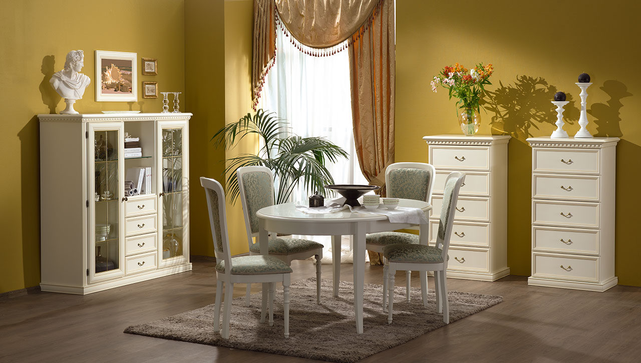 Veneto Table and Angela, Opera avorio Chairs 