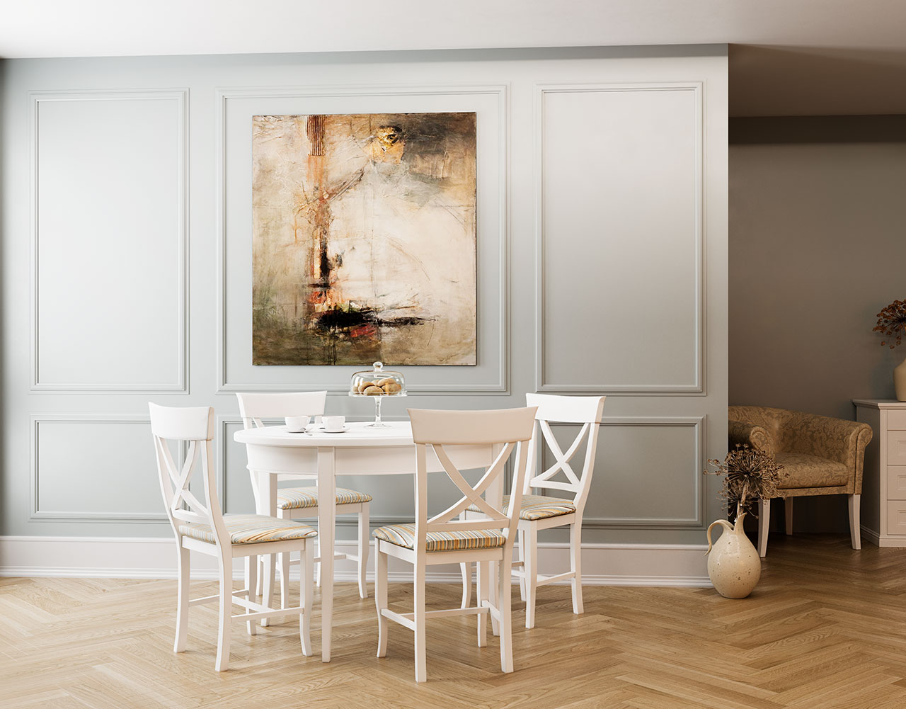 Veneto Table and Angela, Regina bianco Chairs 